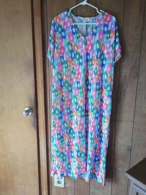 J.NNA Oversized Maxi Dress Size S Colorful Polka Dot Polyester Pullover w/ Belt